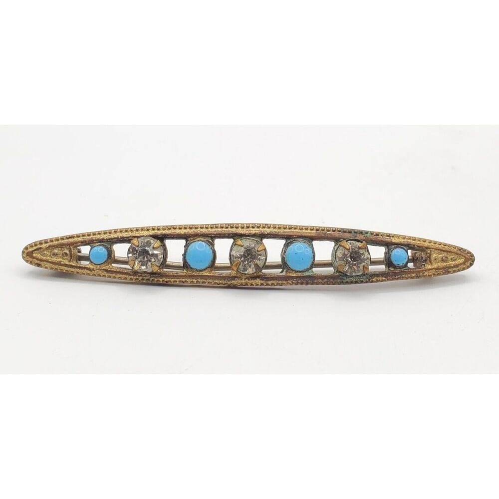 Turquoise Enamel & Rhinestone Bar Pin Antique‎ Art Deco Victorian Brooch